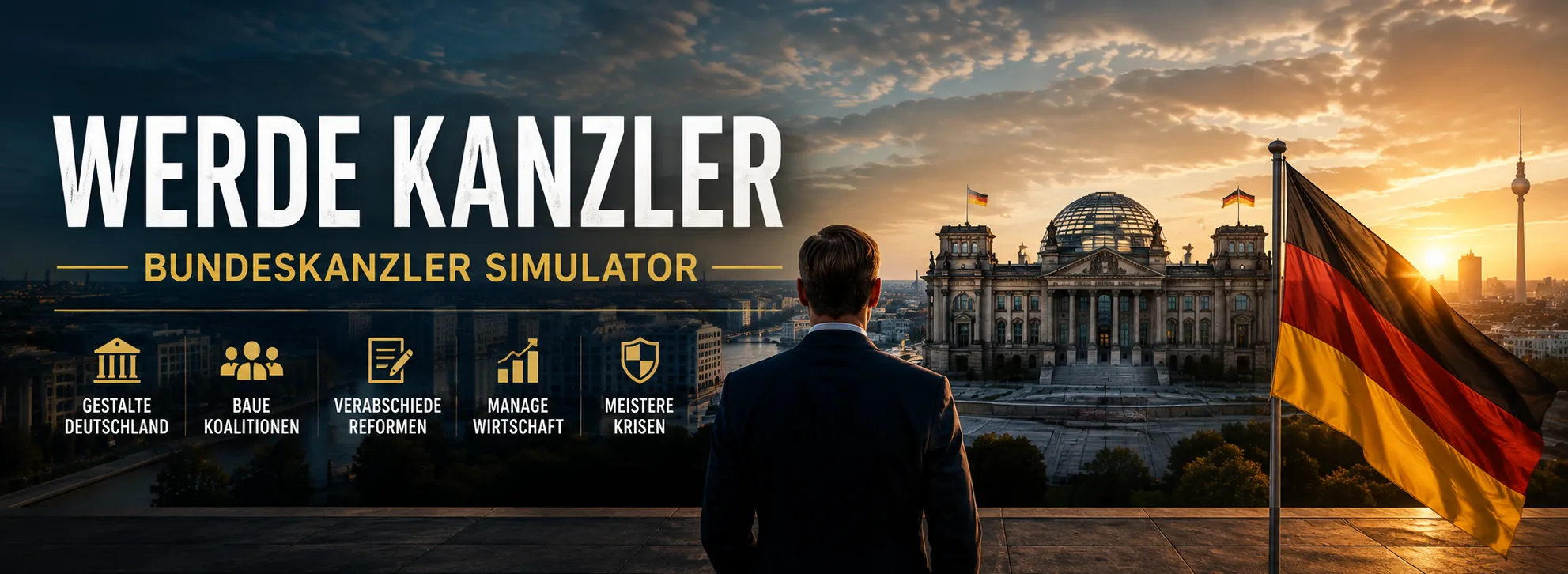 Werde Kanzler — Bundeskanzler Simulator: Rede vor dem Reichstag mit Umfragen, Reformen und Staatsfinanzen